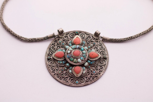 Tibetan Amulet Pendant Silver Coral Turquoise