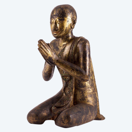 Moine Bouddhiste En Bois Doré Birmanie Mandalay