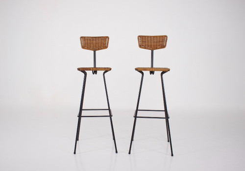 Coppia di sgabelli in rattan modernisti Erwin Behr