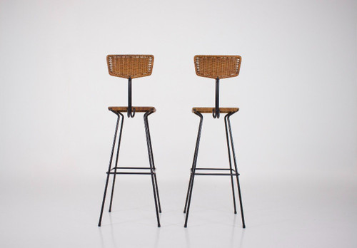 Coppia di sgabelli in rattan modernisti Erwin Behr