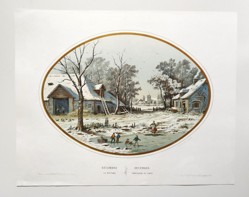 Winter Landscape December Watercolored Lithograph 19th C Old Print