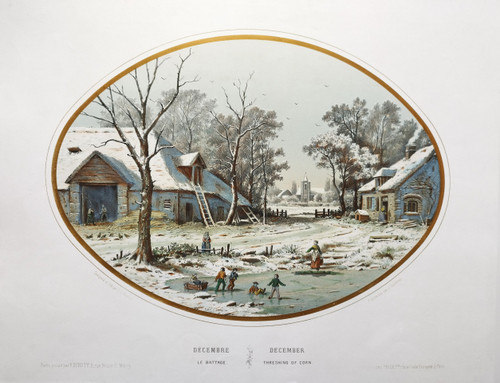 Winter Landscape December Watercolored Lithograph 19th C Old Print