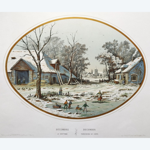 Winter Landscape December Watercolored Lithograph 19th C Old Print