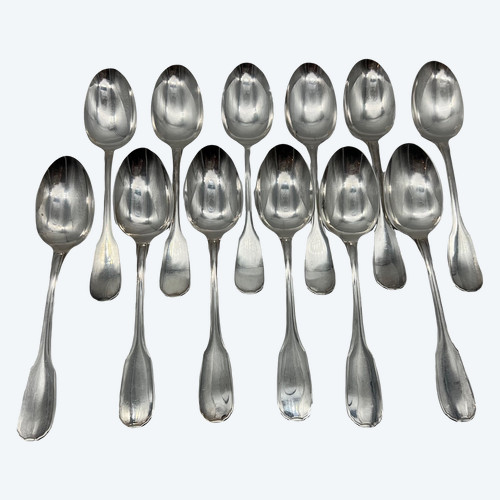 12 Christofle soup spoons, Versailles or Dupleix model, in silver-plated metal