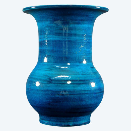 France, Années 1950, Vase En Céramique émaillée En Camaïeu De Bleu.