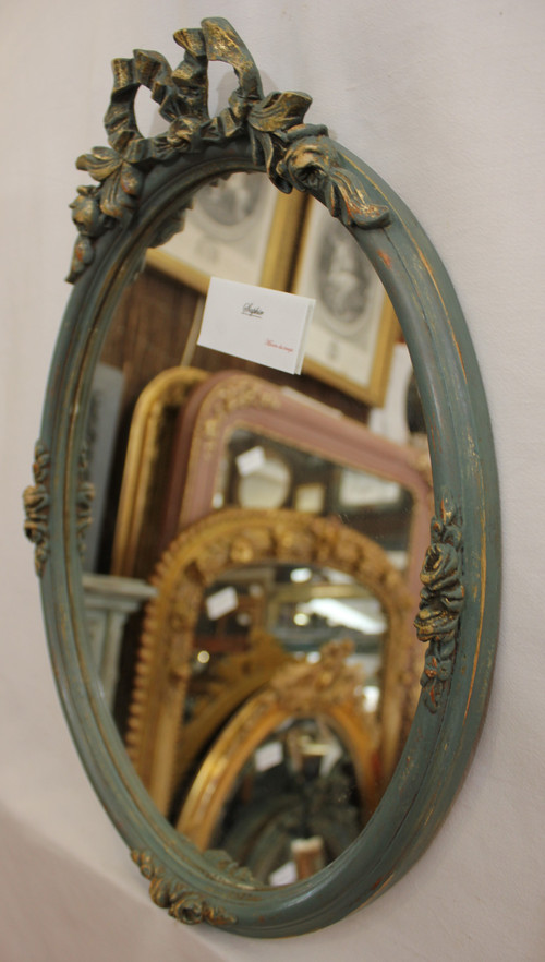 Petit Miroir Ovale Style Louis XVI, Patine 33 X 47 Cm