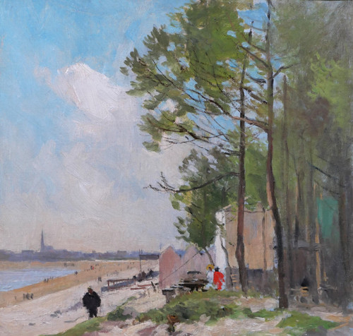 Pierre VAUTHIER 1845-1916 Paysage de plage animée, Bretagne ?, tableau, vers 1890-95