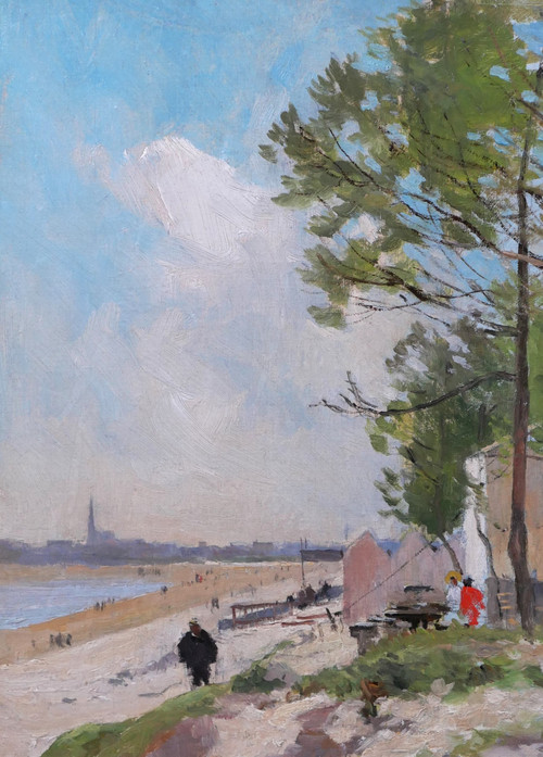 Pierre VAUTHIER 1845-1916 Paysage de plage animée, Bretagne ?, tableau, vers 1890-95