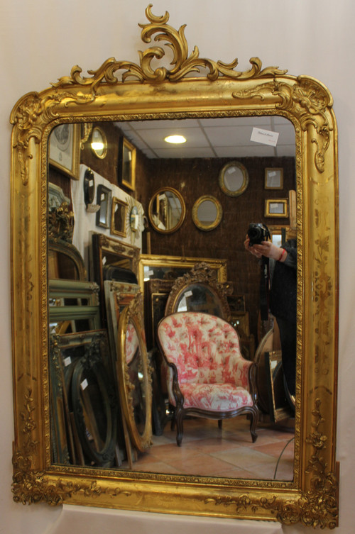 Miroir Ancien De Cheminée, Feuille d'Or Gravée 94 X 142 Cm