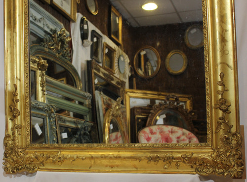 Miroir Ancien De Cheminée, Feuille d'Or Gravée 94 X 142 Cm