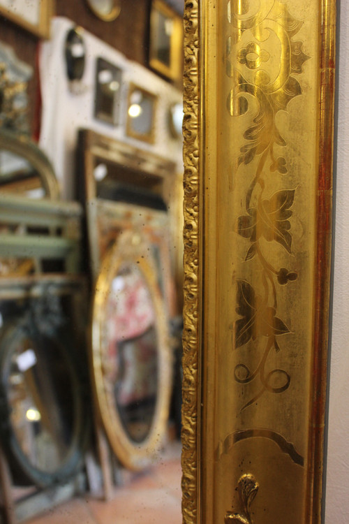 Miroir Ancien De Cheminée, Feuille d'Or Gravée 94 X 142 Cm