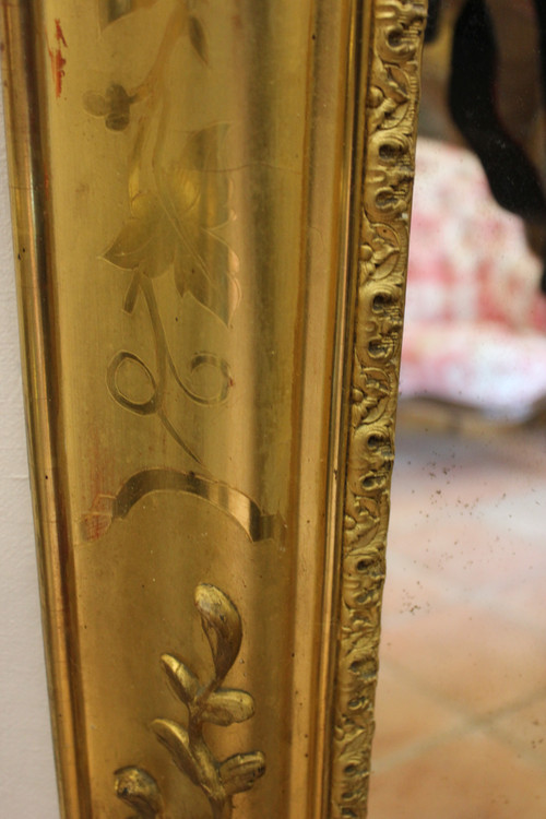 Miroir Ancien De Cheminée, Feuille d'Or Gravée 94 X 142 Cm