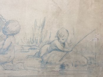 Little Newts. Study in Blue Lavis on Canvas. XIXth.