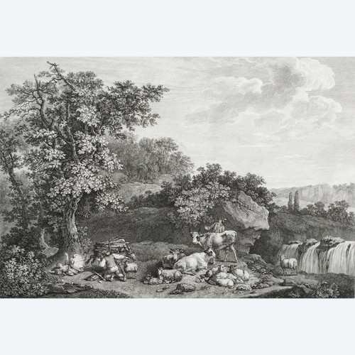 Etching Forest Landscape Engraving After Frederic Meyer The Dangerous Fall 18th C Old Print