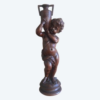 Twentieth Carved Wood Statuette. Child Carrying A Vase.