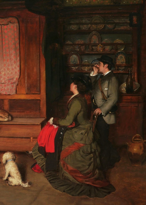 Charles Auguste CORBINEAU, Famille de paysans et couple de bourgeois dans un intérieur, Bretagne