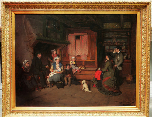Charles Auguste CORBINEAU, Famille de paysans et couple de bourgeois dans un intérieur, Bretagne
