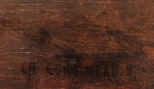 Charles Auguste CORBINEAU, Famille de paysans et couple de bourgeois dans un intérieur, Bretagne
