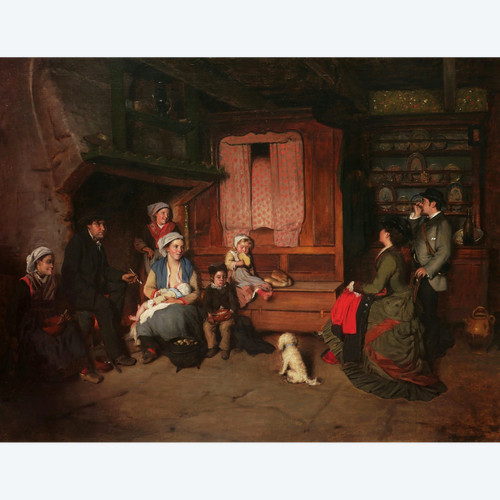 Charles Auguste CORBINEAU, Famille de paysans et couple de bourgeois dans un intérieur, Bretagne