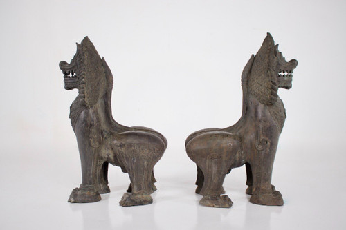 Pair Of Singha Temple Guardians In Bronze (88cm)
