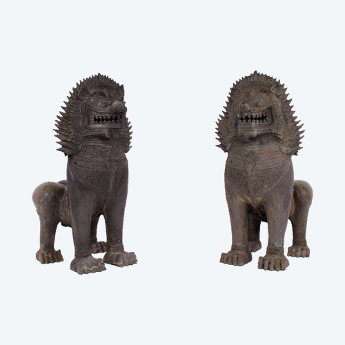 Pair Of Singha Temple Guardians In Bronze (88cm)