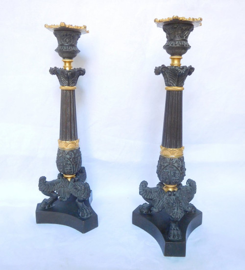 Pair Of Patinated Bronze & Gilt Mercury Tripod Flambeau Candlesticks, Empire Restoration Period