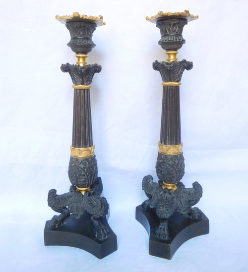 Pair Of Patinated Bronze & Gilt Mercury Tripod Flambeau Candlesticks, Empire Restoration Period