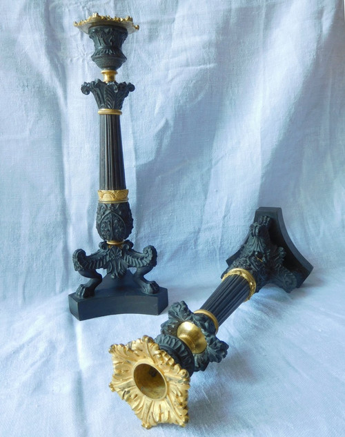 Pair Of Patinated Bronze & Gilt Mercury Tripod Flambeau Candlesticks, Empire Restoration Period