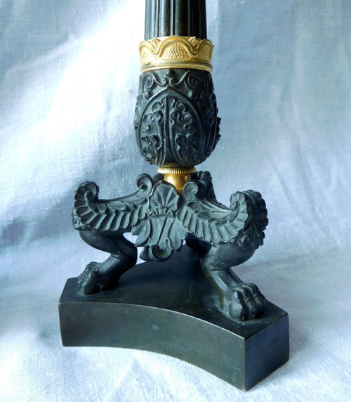 Pair Of Patinated Bronze & Gilt Mercury Tripod Flambeau Candlesticks, Empire Restoration Period