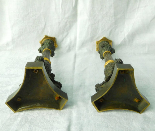 Pair Of Patinated Bronze & Gilt Mercury Tripod Flambeau Candlesticks, Empire Restoration Period