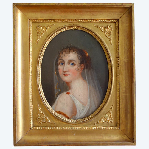 Empire Period Portrait Of Young Girl Dressed In Antique Style - Oil On Canvas 38x32cm