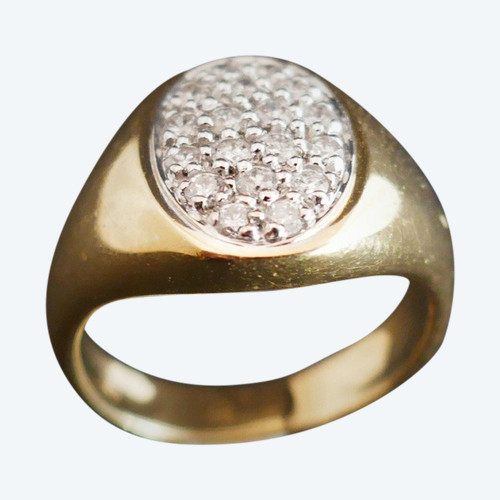 Bague Chevalière Diamants, Or Jaune 18 Carats.