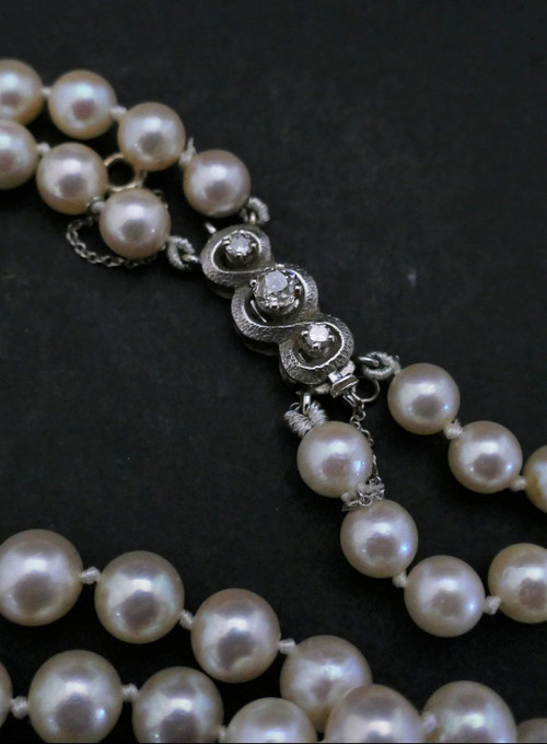 Double Row Necklace Of Cultured Pearls, Diamonds.