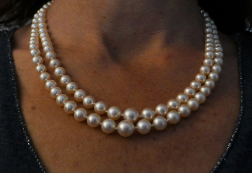 Double Row Necklace Of Cultured Pearls, Diamonds.