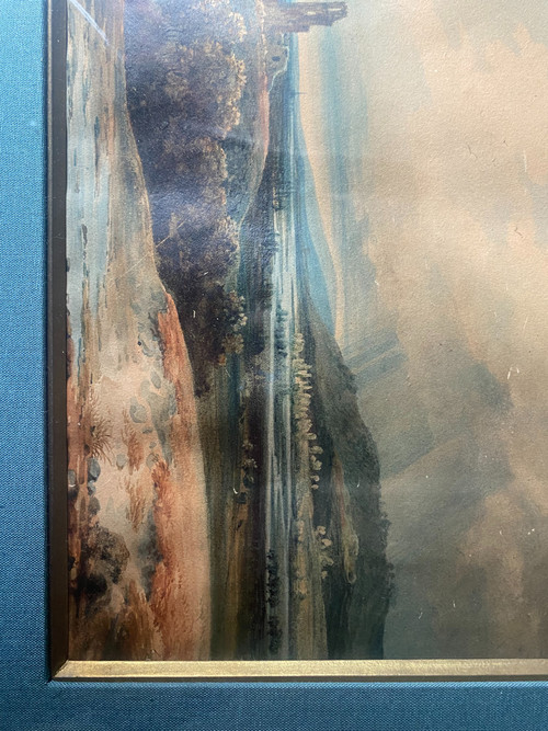 Bellissimo acquerello romantico con l'immagine di una valle fluviale con rudere ottocentesco ben incorniciato