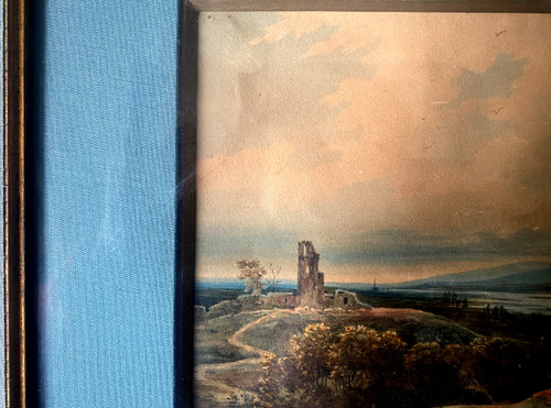 Bellissimo acquerello romantico con l'immagine di una valle fluviale con rudere ottocentesco ben incorniciato