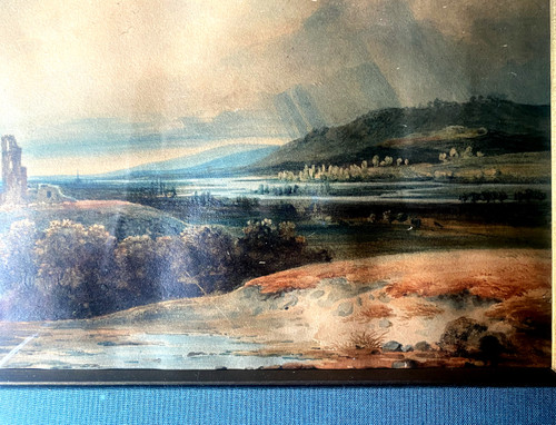 Bellissimo acquerello romantico con l'immagine di una valle fluviale con rudere ottocentesco ben incorniciato