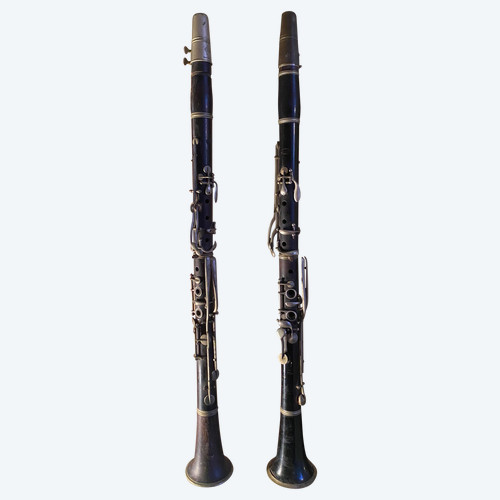  Bellissima coppia di clarinetti di fine '800 in palissandro scuro e bronzo nichelato di buona qualità