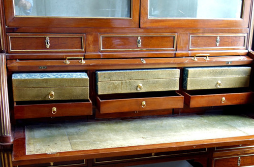 Scrivania cilindrica con libreria in mogano in stile Luigi XVI, verniciata color cuoio