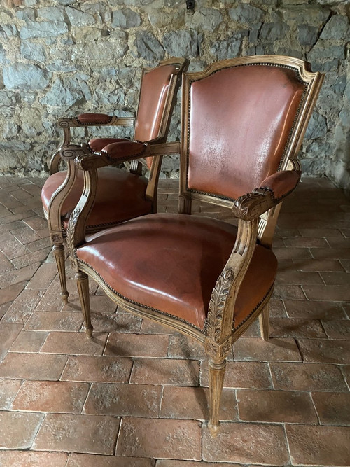 Pairs De Fauteuils Directoire Fin 19e Avec Skaï Orange
