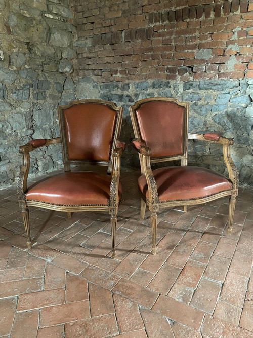 Pairs De Fauteuils Directoire Fin 19e Avec Skaï Orange