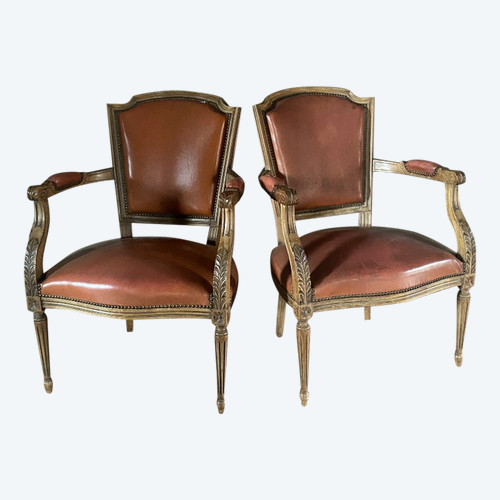 Pairs De Fauteuils Directoire Fin 19e Avec Skaï Orange