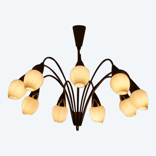 Vereinigte Werksätten: Modernist Chandelier In Brass And Opalines.