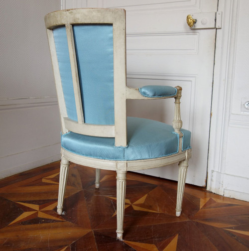 Paire De Fauteuils Cabriolets d'époque Louis XVI Canetillé De Soie Bleu