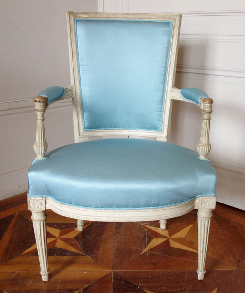 Paire De Fauteuils Cabriolets d'époque Louis XVI Canetillé De Soie Bleu