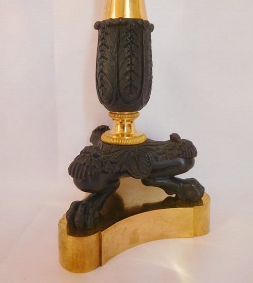 Paire De Flambeaux / Bougeoirs Empire En Bronze Doré Au Mercure & Patiné , époque Restauration
