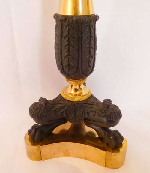 Paire De Flambeaux / Bougeoirs Empire En Bronze Doré Au Mercure & Patiné , époque Restauration