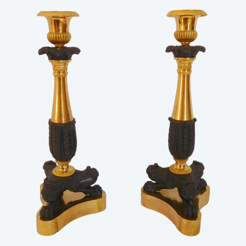 Paire De Flambeaux / Bougeoirs Empire En Bronze Doré Au Mercure & Patiné , époque Restauration