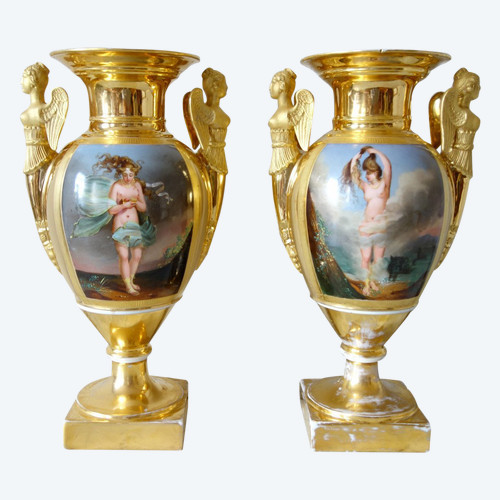 Coppia di grandi vasi in porcellana del periodo Impero - allegorie dell'aria e dell'acqua - 38,5 cm