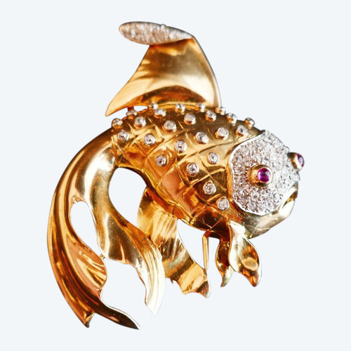 Ruby and Diamond Fish Brooch, Platinum and 18-carat Yellow Gold.